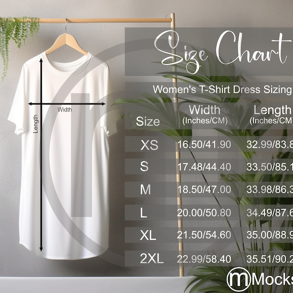 MWW Women's T-Shirt Dress AOP Size Chart All Over Print Mockup, Imperial Metric Sizes Included Inches Centimeters, MWW on Demand