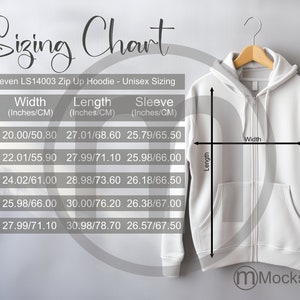 Lane Seven LS14003 Zip Up Hoodie Sizing Cart, maqueta unisex, tamaños imperiales y métricos incluidos, pulgadas y centímetros, tabla de tallas de sudadera con capucha