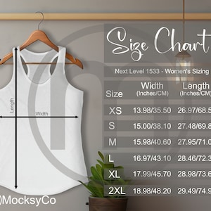 Next Level 1533 Racerback Tank top Sizing Cart, Maqueta unisex, Tamaños imperiales y métricos incluidos, pulgadas y centímetros, Tank top