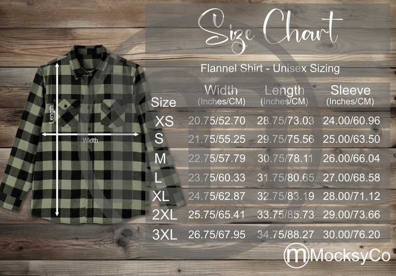 Dimona Tee Unisex Flannel Shirt Size Chart Mockup, Imperial Metric