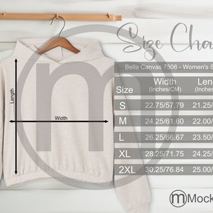 Bella Canvas 7506 Tabla de tallas de sudadera con capucha ceñida para mujer, tamaños imperiales y métricos incluidos, pulgadas y centímetros, maqueta de sudadera con capucha Bella Canvas