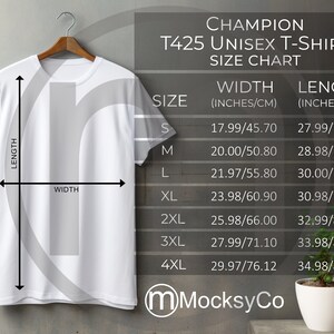 チャンピオン T425 Tシャツ サイズ表、ユニセックス モックアップ、ヤードポンド法とメートル法のサイズを含む、インチとセンチメートル、Tシャツ サイズ表