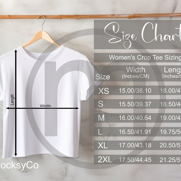 MWW Women's Crop Tee AOP Size Chart, All Over Print Mockup, Imperial and Metric Sizes Included, Inches and Centimeters, MWW on Demand