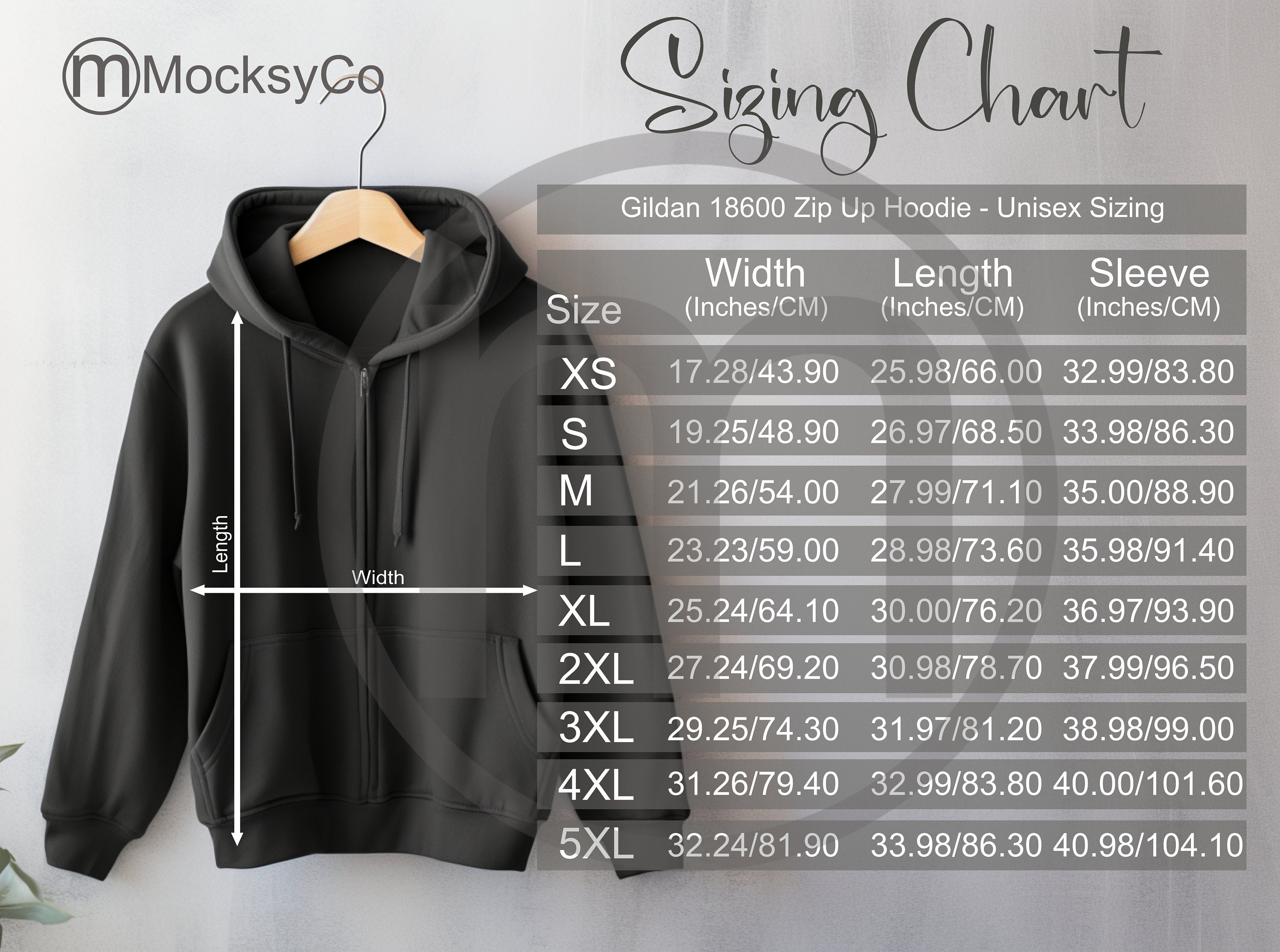 Gildan 18600 Zip up Hoodie Sizing Cart, Unisex Mockup, Imperial
