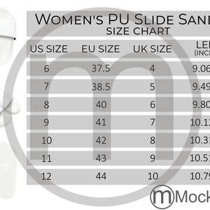Deco Slides Women&#39;s PU Slide Sandals AOP Size Chart All Over Print Mockup Imperial Metric Sizes Included Inches Centimeters Shoe Conversion