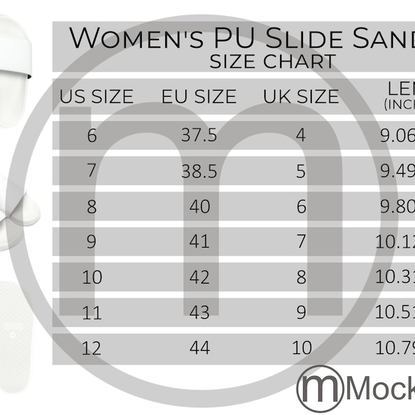 Deco Slides Women's PU Slide Sandals AOP Size Chart All Over Print Mockup Imperial Metric Sizes Included Inches Centimeters Shoe Conversion