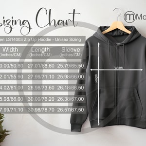 Lane Seven LS14003 Zip Up Hoodie Sizing Cart, maqueta unisex, tamaños imperiales y métricos incluidos, pulgadas y centímetros, tabla de tallas de sudadera con capucha