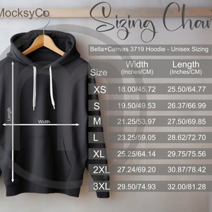 Bella Canvas 3719 Hoodie Sizing Cart, Unisex Mockup, Imperial und metrische Größen enthalten, Zoll und Zentimeter, Hoodie Größentabelle 3719