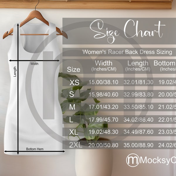 MWW Women's Racer Back Dress AOP Size Chart All Over Print Mockup, Imperial Metric Sizes Included Inches Centimeters, MWW on Demand