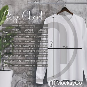 Gildan 2400 Tabla de tallas de camiseta de manga larga de ultra algodón unisex, tallas imperiales y métricas incluidas, pulgadas y centímetros, formato cuadrado