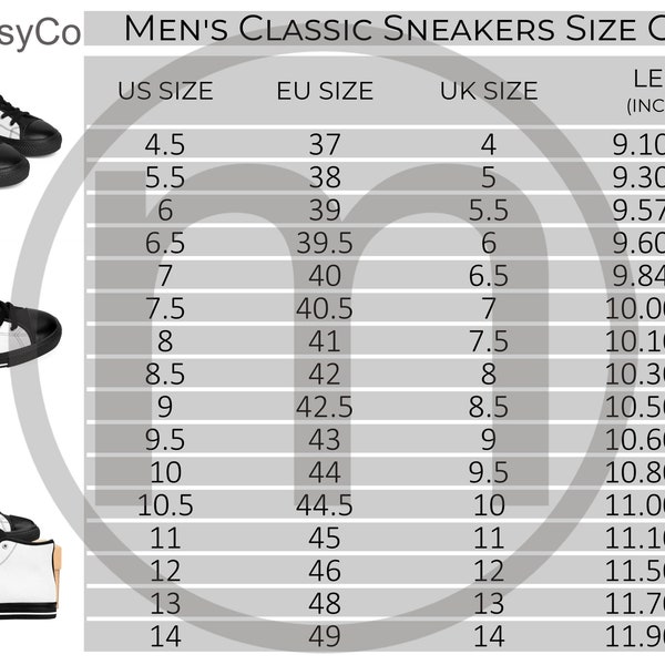 ArtsAdd Men's Classic Sneakers AOP Size Chart All Over Print Mockup, Imperial Metric Sizes Included Inches Centimeters
