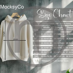 Comfortkleuren 1467 Lichtgewicht sweater met capuchon, maatkarretje, uniseks mockup, imperiale metrische maten inbegrepen inch en centimeter, sweater