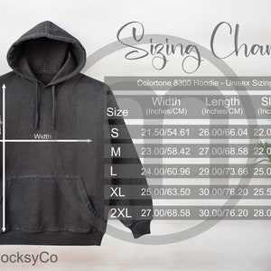 Colortone 8300 Mineral Wash Hoodie Maatwagen, Unisex Mockup, imperiale en metrische maten inbegrepen, inches en centimeters, Hoodie Mockup