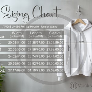 AWDIS JH050 Full Zip Hoodie Sizing Cart, Unisex Mockup, Imperial and Metric Sizes Included, Inches and Centimetres, Hoodie size chart JH050
