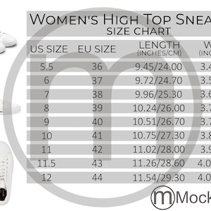 Smart Printee Damskie wysokie trampki AOP Tabela rozmiarów Całościowy nadruk Mockup, rozmiary imperialne metryczne w zestawie Cale Centymetry Czarny/Biały