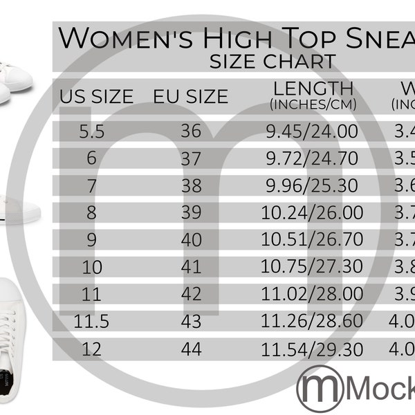 Smart Printee Women's High Top Sneakers AOP Size Chart All Over Print Mockup, Imperial Metric Sizes Included Inches Centimeters Black/White