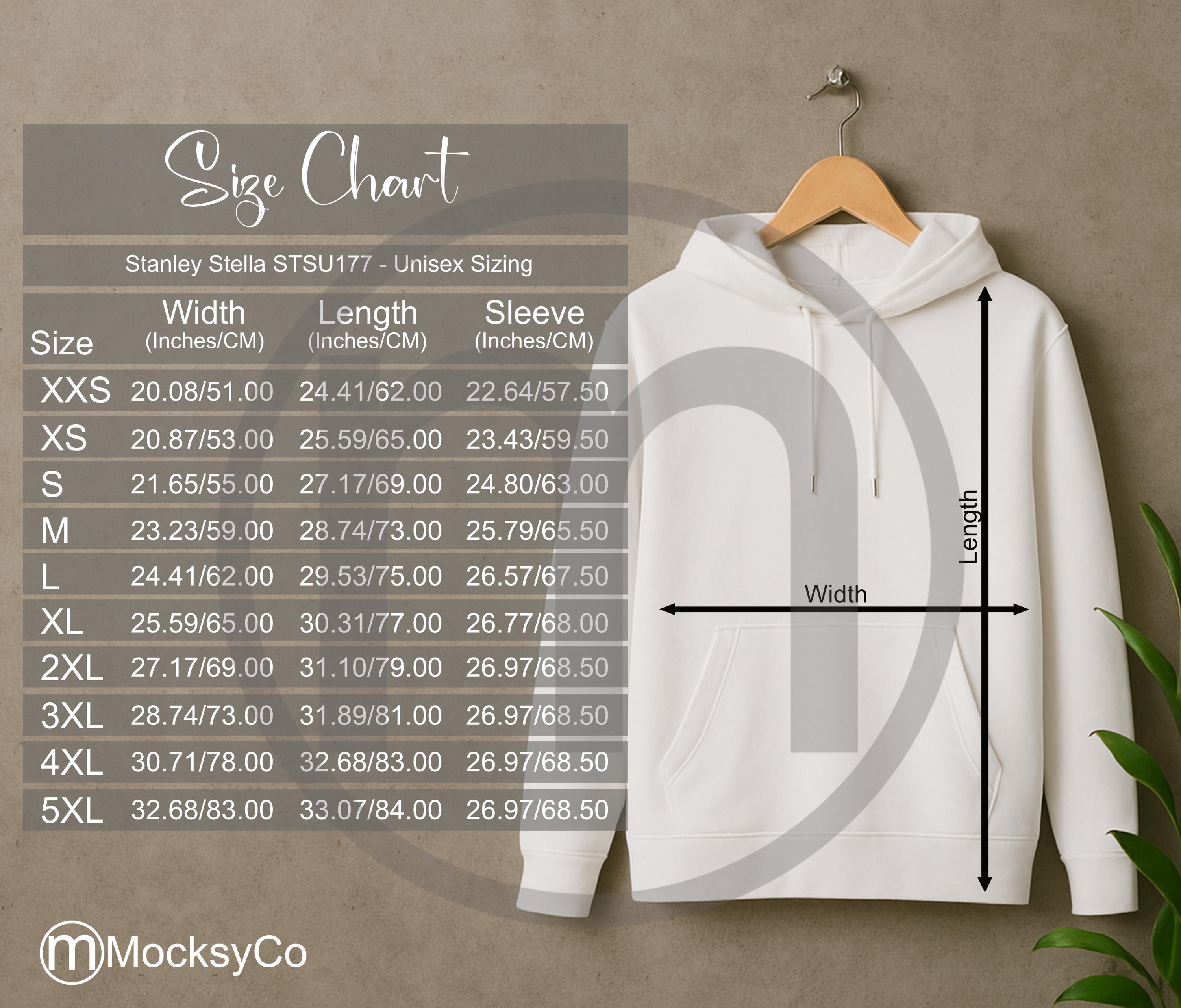 Stanley Stella STSU177 Hoodie Sizing Chart, Unisex Mockup