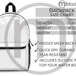 Tabla de tallas AOP de mochila MWW, maqueta impresa en toda su superficie, tamaños métricos imperiales incluidos en pulgadas y centímetros, producto Printify 2 versiones