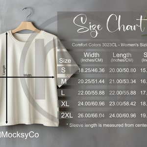 Comfort Colors 3023CL Boxy T-shirt voor dames, maatwagen, unisex mockup, imperiale en metrische maten inbegrepen, maattabel in inches en centimeters