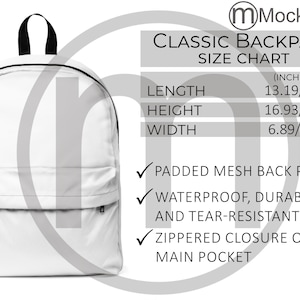 ArtsAdd Classic Backpack AOP Size Chart, All Over Print Mockup Imperial Metric Sizes Included Inches Centimeters Printify Product 2 Versions