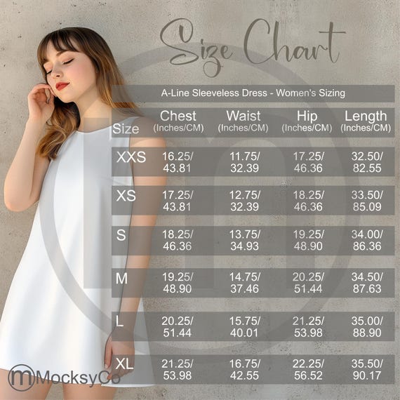 PCM A-line Sleeveless Dress AOP Size Chart All Over Print Mockup, Imperial  Metric Sizes Included Inches Centimetres, PCM Printify Product - Etsy Israel