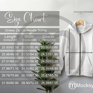 MWW Sudadera con capucha unisex con cremallera AOP Tabla de tallas, maqueta de impresión completa, tamaños imperiales y métricos incluidos, pulgadas y centímetros, MWW a pedido