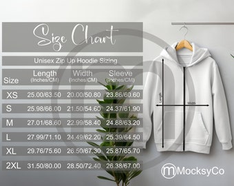 MWW Sudadera con capucha unisex con cremallera AOP Tabla de tallas, maqueta de impresión completa, tamaños imperiales y métricos incluidos, pulgadas y centímetros, MWW a pedido