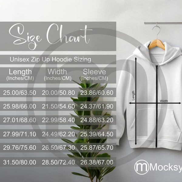 MWW Unisex Zip Up Hoodie AOP Size Chart, All Over Print Mockup, Imperial and Metric Sizes Included, Inches and Centimeters, MWW on Demand