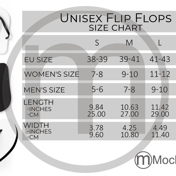 Spoke Custom Products Unisex Flip Flops AOP Size Chart All Over Print Mockup, Imperial Metric Sizes Inches Centimeters Shoe Size Conversion