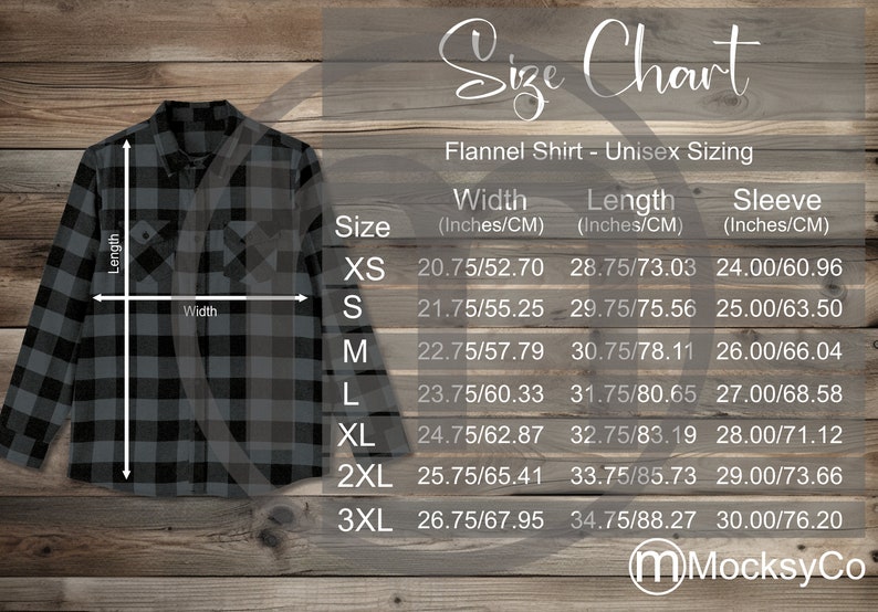 Dimona Tee Unisex Flannel Shirt Size Chart Mockup, Imperial Metric