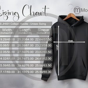 AWDIS JH001 College Hoodie Sizing Cart, Unisex Mockup, Imperial and Metric Sizes Included, Inches and Centimeters, Hoodie size chart JH001