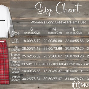 Awkward Styles Women&#39;s Long Sleeve Pajama Set Size Chart Mockup, Imperial Metric Sizes Included Inches Centimeters, Supasoft Apparel