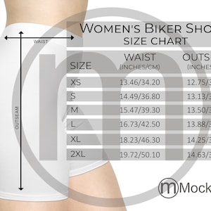Tabla de tallas AOP de pantalones cortos de motociclista para mujer de MWW, maqueta con impresión completa, tallas imperiales y métricas incluidas, pulgadas y centímetros, MWW on Demand