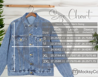 Maqueta de tabla de tallas de chaqueta vaquera para hombre de MWW, tamaños métricos imperiales incluidos en pulgadas centímetros, MWW on Demand