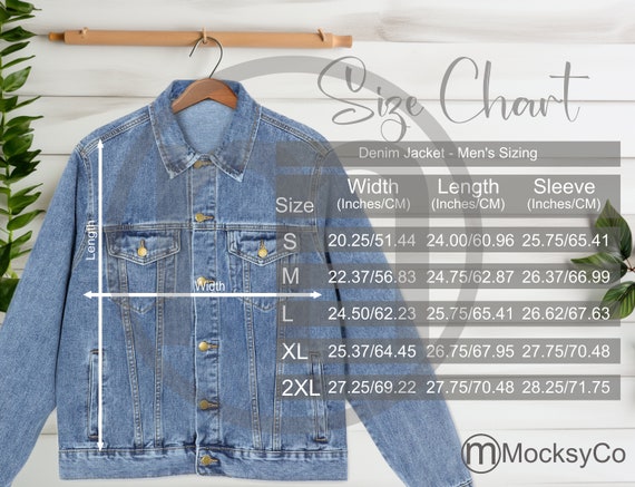 MWW Men's Denim Jacket Size Chart Mockup, Imperial Metric Sizes