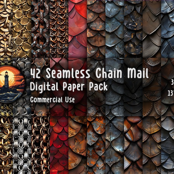 Chain Metal Seamless Digital Paper, Realistic Metal Chain Mail and leather Scale armor, Commercial Use, Printable Paper, Post Apocalypse