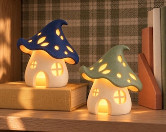 3D Printed Mushroom Cottage Night Light, Leaf Cutouts, Fairy House Lamp (10 Colors)