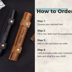 May include: Two personalized leather dice trays, one brown and one black, with the text "Dice Tray" engraved on them. The trays are rolled up and have a gold button closure. The image includes instructions on how to order a personalized dice tray.