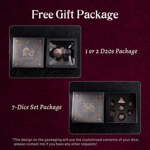 May include: A product image featuring two dice sets in black boxes with gold accents. One box contains 1 or 2 D20s, and the other contains a 7-dice set. The text "Free Gift Package" and "7-Dice Set Package" are visible.