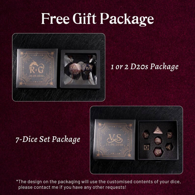 May include: A product image featuring two dice sets in black boxes with gold accents. One box contains 1 or 2 D20s, and the other contains a 7-dice set. The text "Free Gift Package" and "7-Dice Set Package" are visible.