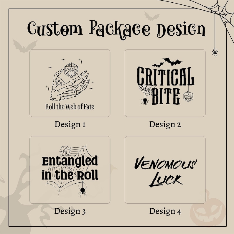 K&ouml;nnte beinhalten: Vier individuelle Verpackungsdesigns mit Halloween-Thema. Designs beinhalten eine Skeletthand, die einen W&uuml;rfel h&auml;lt, den Text "Critical Bite", ein Spinnennetz mit dem Text "Entangled in the Roll" und den Text "Venomous Luck".