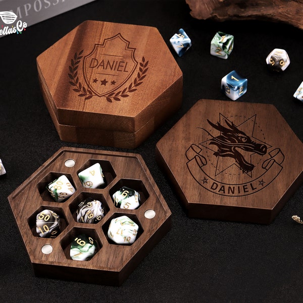 Boîte de dés de jeu RPG gravée - Boîte et plateau de dés, Dice Vault pour RRG, Porte-dés en bois, Stockage de dés en bois, Personnalisé fait à la main pour RPG