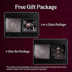 May include: A product image featuring two dice sets in black boxes with gold accents. One box contains 1 or 2 D20s, and the other contains a 7-dice set. The text "Free Gift Package" and "7-Dice Set Package" are visible.