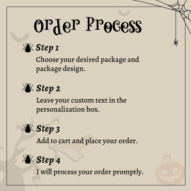 K&ouml;nnte beinhalten: Beige Grafik mit dem Text "Order Process" in dekorativer Schrift. Die Schritte, mit Spinnen-Symbolen, umfassen die Auswahl des Pakets, die Eingabe von Text, das Hinzuf&uuml;gen zum Warenkorb und die Bestellung.