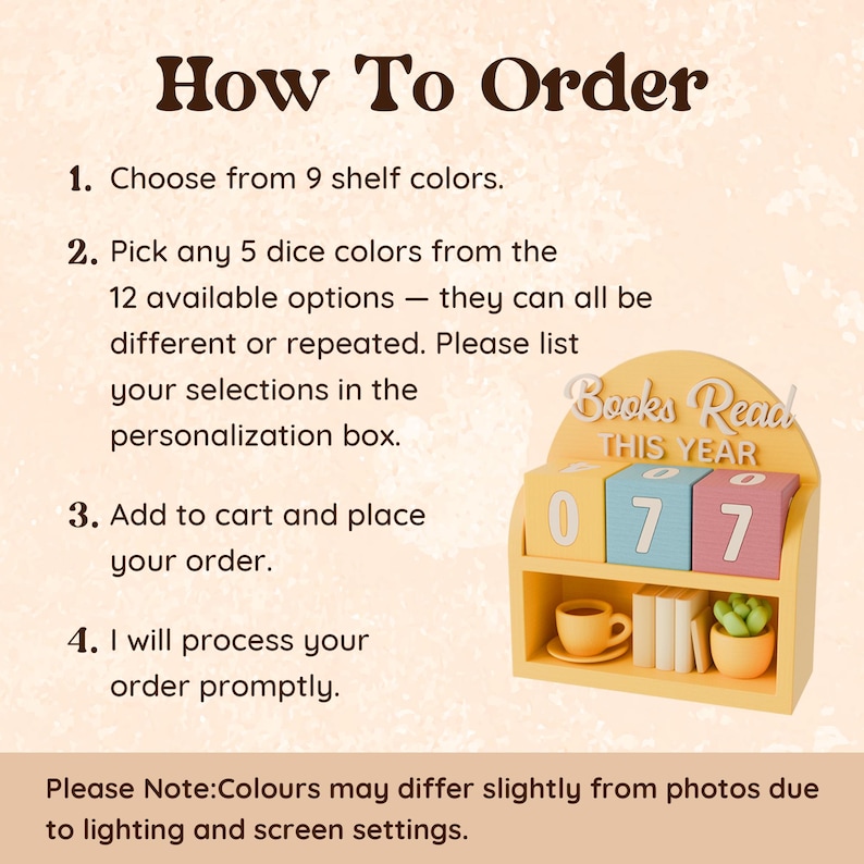 May include: A yellow wooden bookshelf with the text "Books Read THIS YEAR" above three colored blocks displaying the numbers 0, 7, and 7. The shelf also features a small cup, books, and a plant. Instructions on how to order are also displayed.