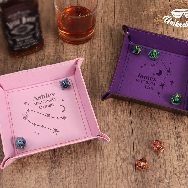 Engraved Zodiac Star Map Dice Tray - Personalized Zodiac Horoscope Gift, Dice Gifts for Her, D&D Game Dice Box, Wooden Dice Box