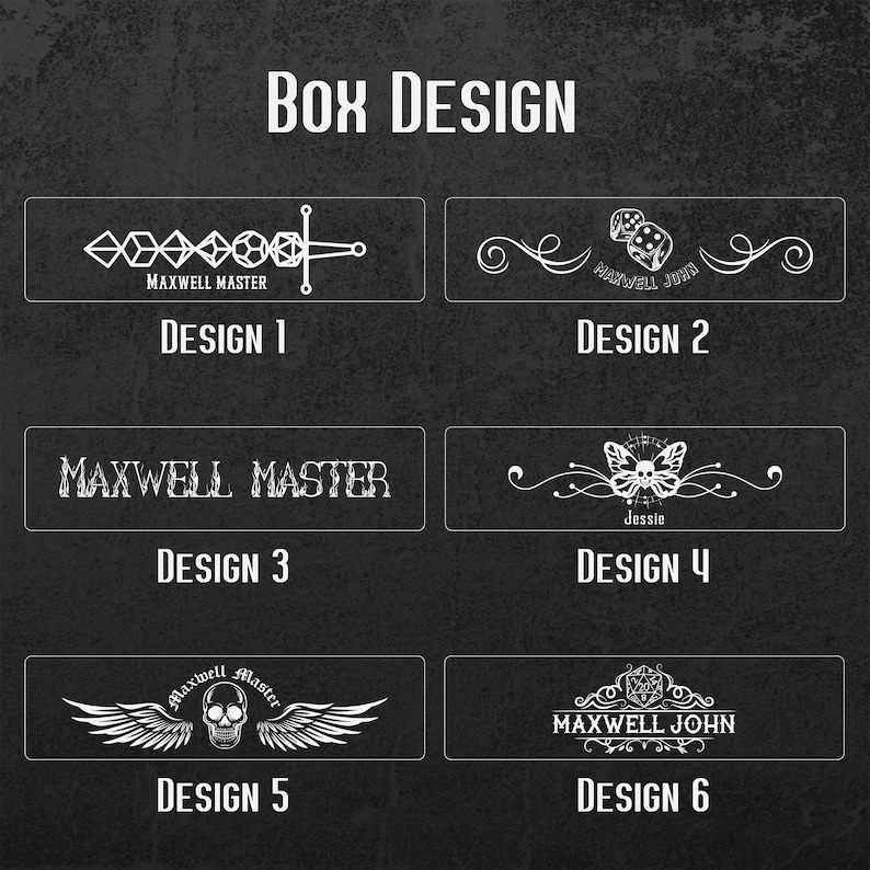 May include: Six different box designs with various graphics and text. The designs include a sword, dice, butterfly, skull with wings, and a stylized dice. The text includes "Maxwell Master", "Maxwell John", "Jessie", and "Maxwell John".