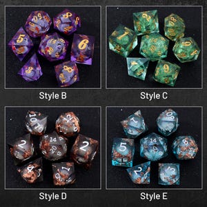 May include: Set of seven polyhedral dice in five different styles. The dice are made of clear resin with embedded glitter and metallic flakes. The dice are numbered 1 through 20.