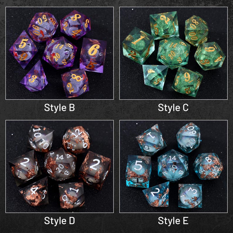 May include: Set of seven polyhedral dice in five different styles. The dice are made of clear resin with embedded glitter and metallic flakes. The dice are numbered 1 through 20.