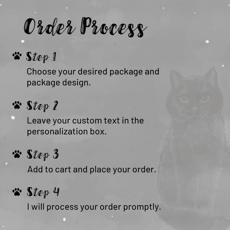 May include: A gray graphic with the words "Order Process" in a decorative font. Steps 1-4 are listed, including choosing a package, adding custom text, adding to cart, and order processing. A black cat illustration is on the right.